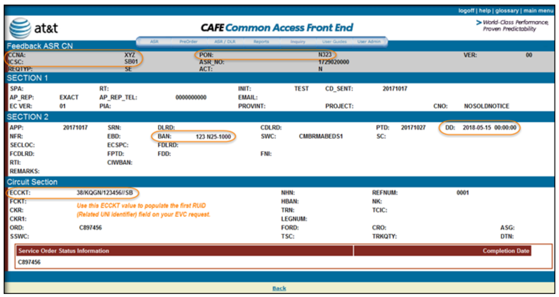 AT&T CAFE ordering screen dense with telecom fields including PON, ASR number, BAN and ECCKT circuit identifier.