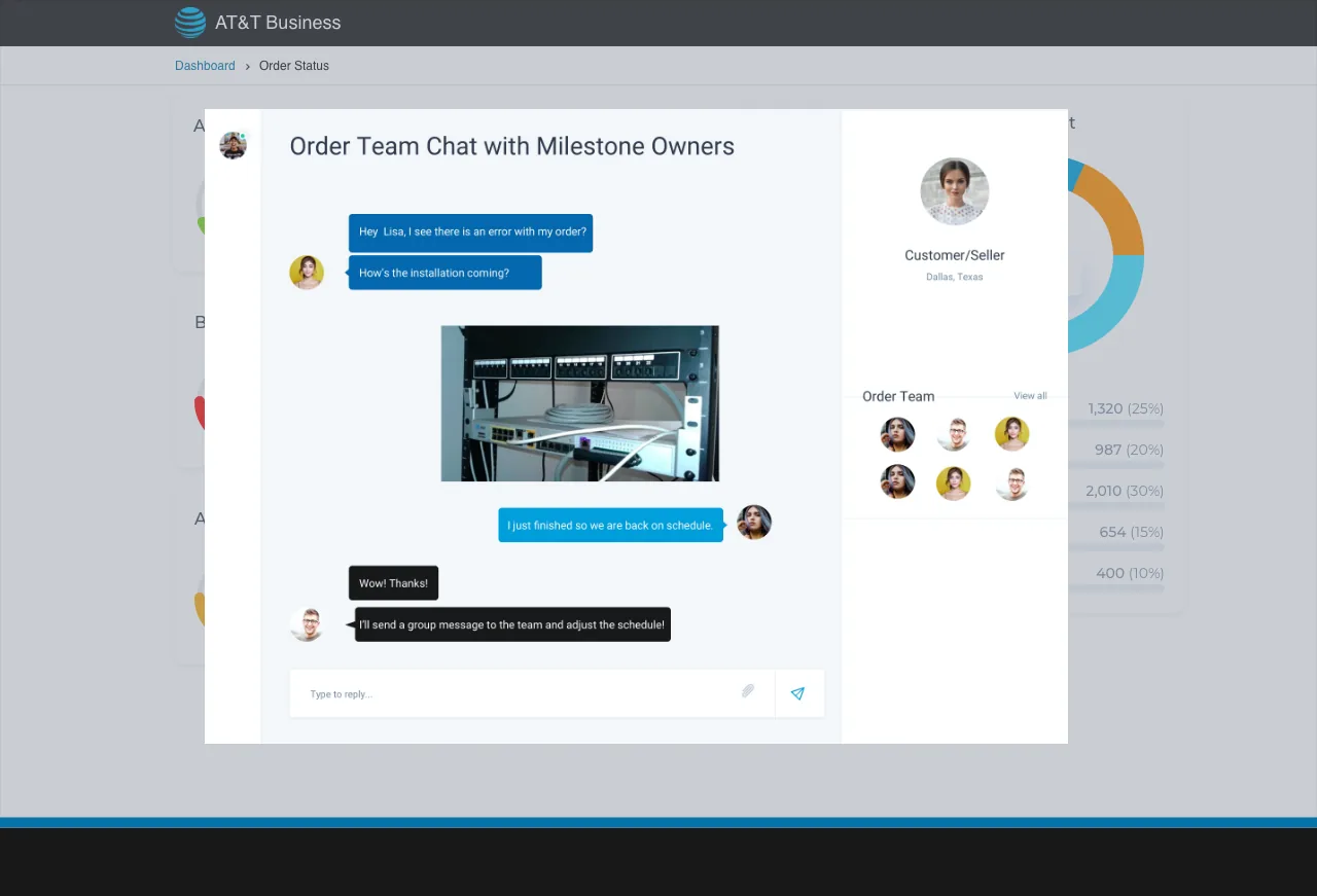 Order status monitor concept — a live view of an order in flight, with a status timeline, active participants, and an inline chat that customer, sales, and provisioning teams can all join.